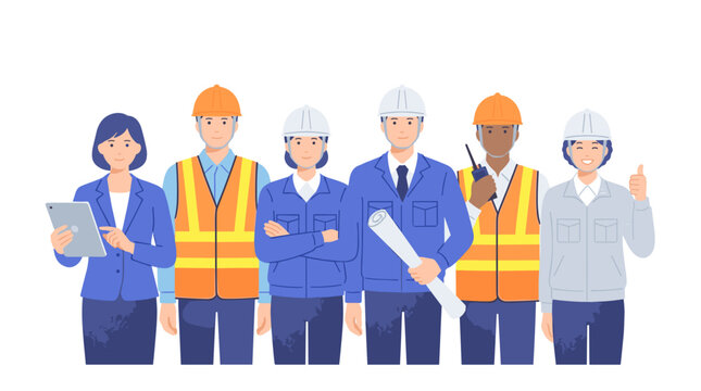 A diverse group of construction professionals, including engineers and workers, stand together, ready for a project.