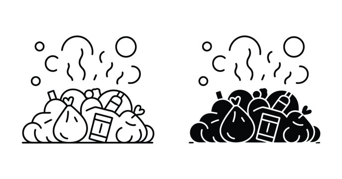Garbage pile landfill icon set, vector symbols featuring trash bags, barrels, and smelly fumes illustrating pollution, waste collection, environmental hazards, and disposal systems.