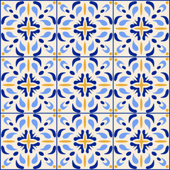 Fototapeta premium Spanish Kitchen and Patio Decor Tile - Yellow and Blue Seamless Pattern