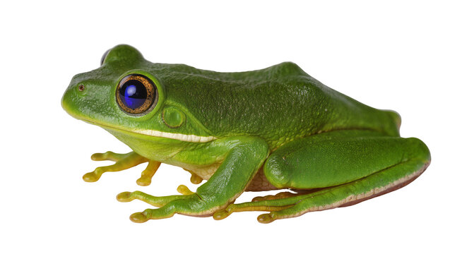 Vibrant green tree frog with large blue eyes, isolated on transparent background