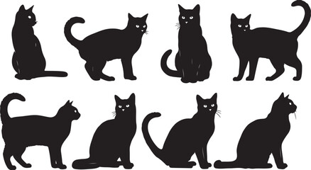 Black cat silhouettes, feline icons, cat vector set, black cats isolated on Transparent Background © Riponislam