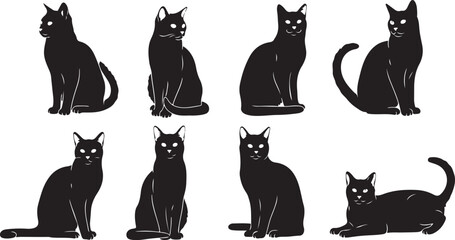Black cat silhouettes, feline icons, vector set, animal graphics isolated on Transparent Background © Riponislam