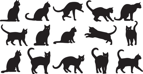 Black cat silhouettes, feline icons, cat graphics, animal shapes isolated on Transparent Background © Riponislam