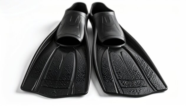Black scuba diving fins arranged on a clean white background studio shot