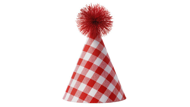 Red and white checkered party hat with fluffy pompom, isolated on transparent background