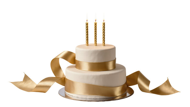 Two-tiered cream cake with gold ribbon and candles, isolated on transparent background