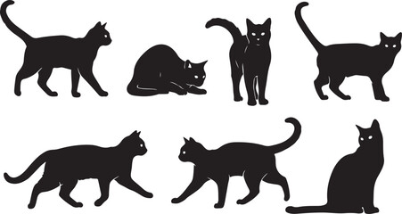 Black cat silhouettes, feline icons, cat shapes, animal graphics isolated on Transparent Background © Riponislam