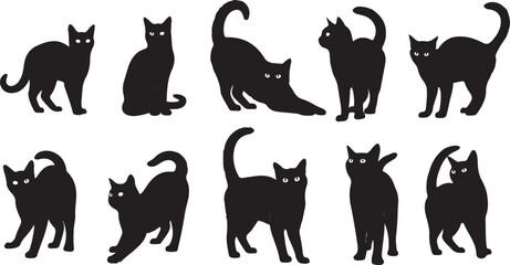 Black cat silhouettes, feline icons, cat graphics, vector set isolated on Transparent Background © Riponislam