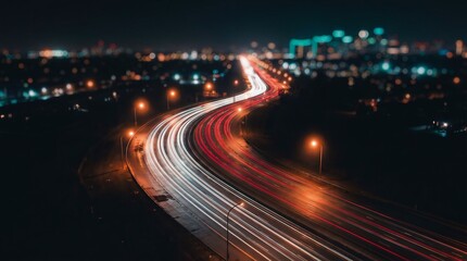 Fototapeta premium A breathtaking long exposure shot of a winding highway at night, showcasing streaks of car lights and a blurred illuminated cityscape.