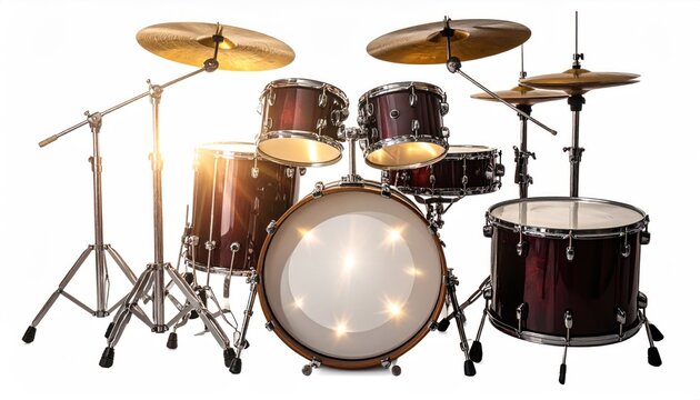 Professional drum kit with cymbals and stands studio lighting isolated on white background