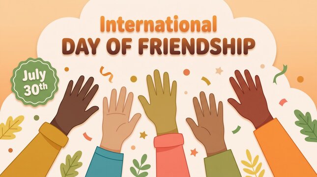 International day of friendship poster design with multiple raised hands in diverse skin tones surrounded by leaves confetti and festive elements for community celebration events joy.