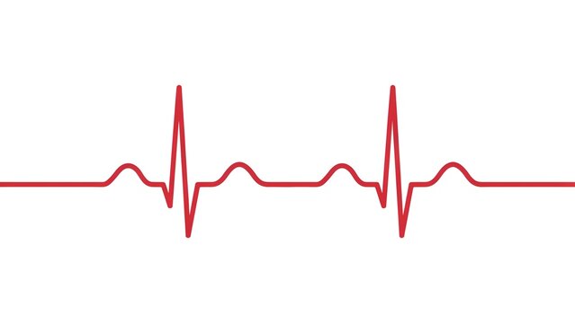 Bright red medical heartbeat monitor line showing healthy rhythm in flat style on white background