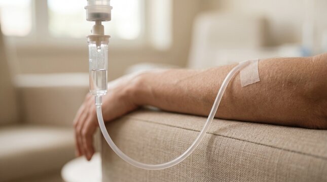 Intravenous drip chamber with a tube connected to a patient arm resting on a beige couch indoors. Healthcare therapy, medical recovery, home treatment.