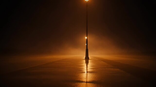 ?Serene nighttime street lamp illuminates foggy path with warm glow