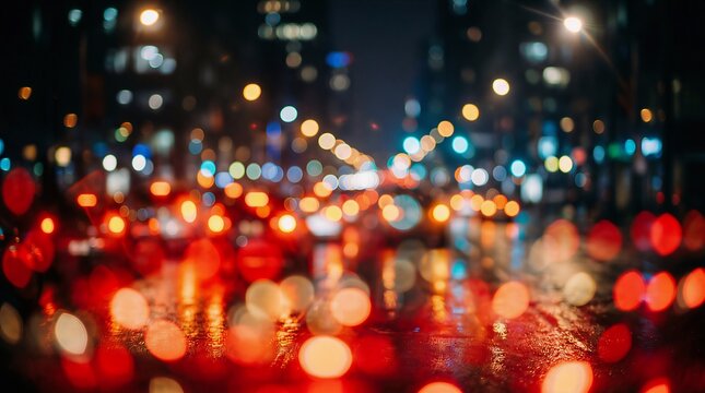 Abstract background of blurred colorful city lights at night, bokeh effect from streetlights and traffic, creating a dreamy, vibrant urban atmosphere.