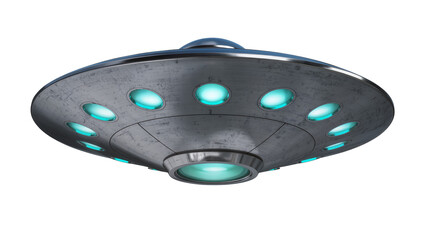 Metallic flying saucer with glowing blue lights, isolated on transparent background © Alexander