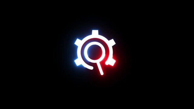 Search engine optimization and settings neon glow animation on black background.