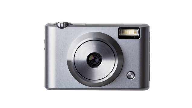 Compact silver digital camera with lens and flash, isolated on transparent background