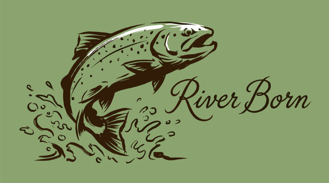 Jumping trout. River Born logo. Vintage fishing art. Brown trout sketch. Angling emblem.