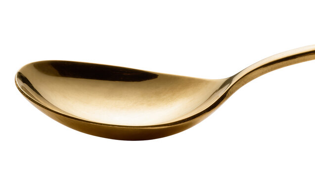 Shiny golden spoon with smooth curved bowl, isolated on transparent background