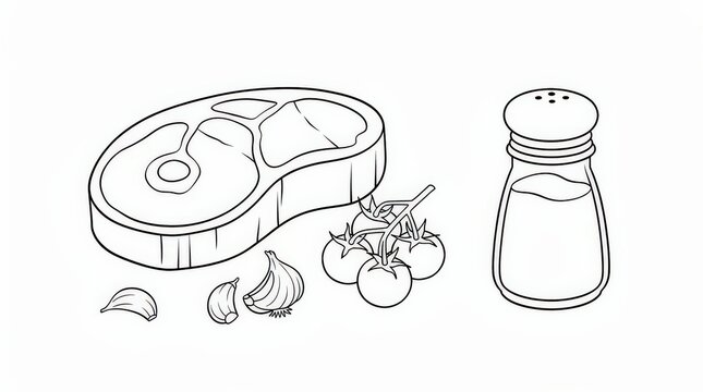 Outline drawing of a steak, garlic cloves, tomatoes on the vine, and a salt shaker on a white background.