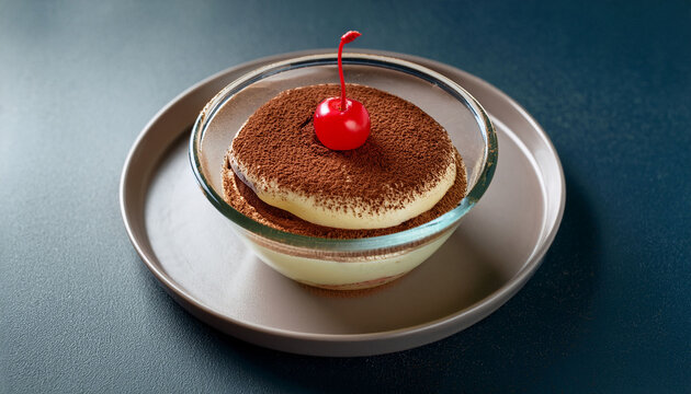 Delicious Tiramisu Topped With A Bright Red Cherry In A Glass Dish