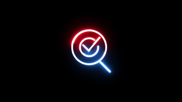 Magnifying glass with check mark neon glow effect search results confirmed motion.