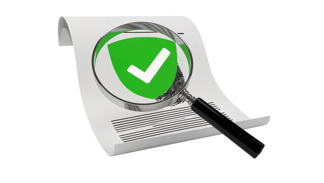 Magnifying glass over fingerprint and green shield with checkmark, isolated on transparent background