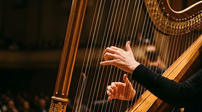 Musician hands skillfully plucking a grand harp in warm lighting