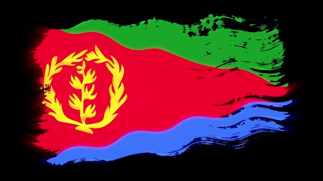 Waving torn Eritrea flag grunge brush burn light leaks, transparent background alpha channel loop full HD