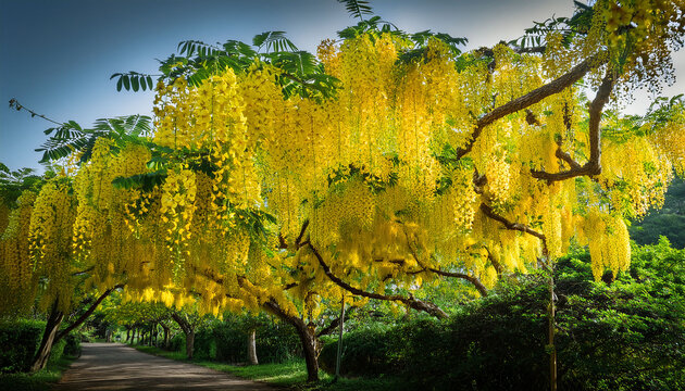 Golden Shower Tree Blossoming With Vibrant Yellow Flowers In Lush Green Canopy