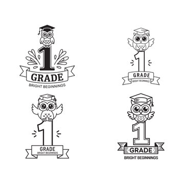 Cute Owl 1st Grade Graduation Vector Set with Cap and Ribbon Banner Line Art