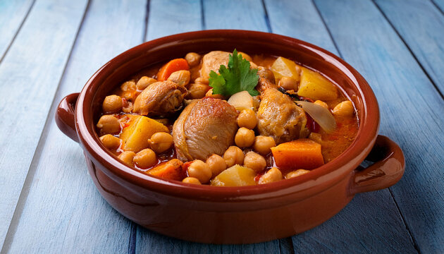 Ropa Vieja Typical Canarian Dish Of Chickpeas Stew With Chicken And Potatoes In A Earthenware Casserole