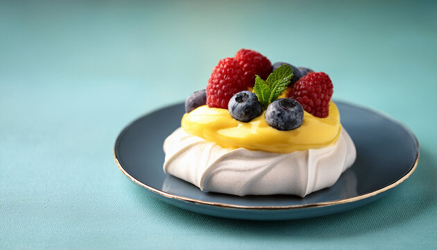 Lemon Curd And Berries Pavlova Dessert On Light Colorful Background Vertical