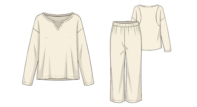 Women Loose Fit Beige Pajamas Set Fashion Technical Drawing with Notch Neck Top and Elastic Waist Pants