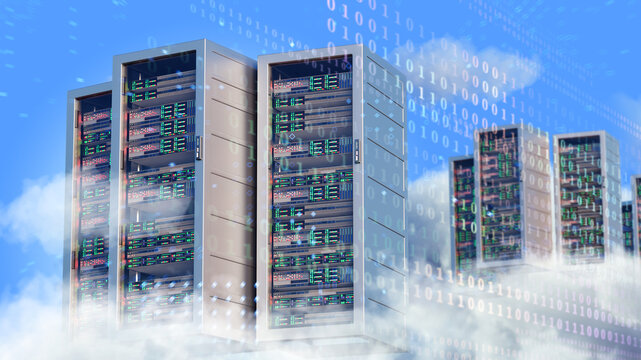 AI cloud computing, data analytics. Cloud servers perform complex calculations, store information and analyze digital data with advanced technology. 3D image
