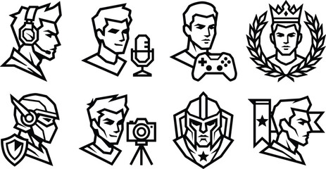 Gaming Esports and Content Creator Avatar Icon Set with Streamer Podcast Champion Warrior and Competitive Player Symbols © Tanjuma