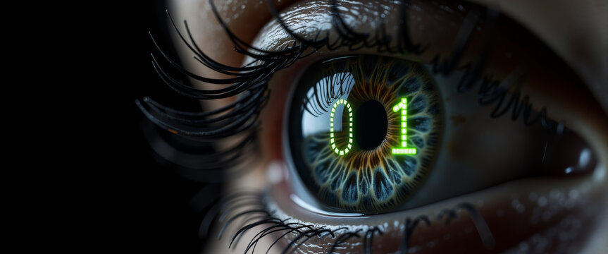 Human eye reflecting binary code for digital privacy education