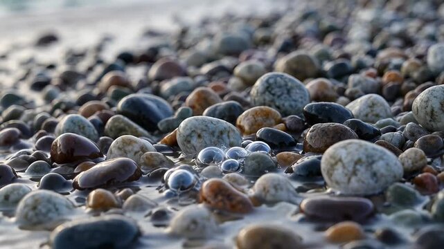 ?Gently flowing waves over colorful pebbles on a serene beach