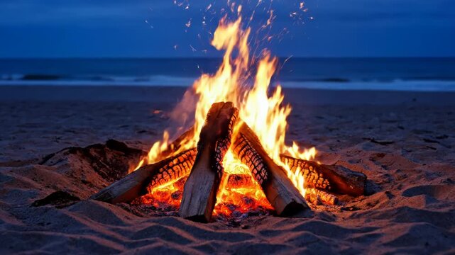 Vibrant bonfire burning in a sand pit on a secluded beach during blue hour twilight with glowing orange flames and sparks rising from wood logs against a dark coastal horizon.