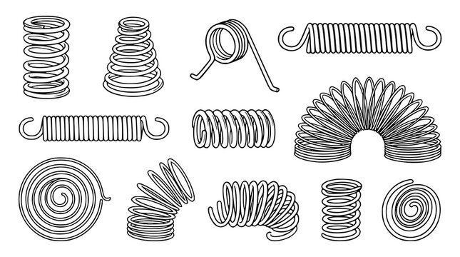 Hand Drawn Coil Spring Elements Vector Collection with Mechanical Spiral and Helical Shapes