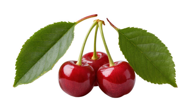 Three ripe red cherries with green stems and leaves, isolated on transparent background