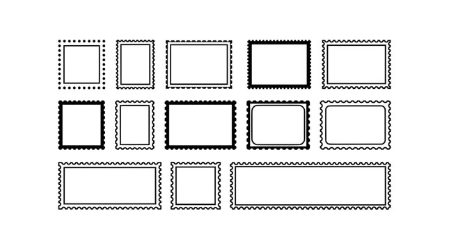 Set of black postage stamp frames with various border styles and shapes for design projects.