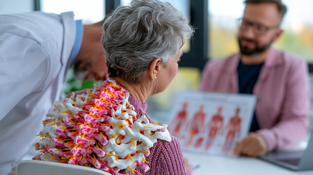 Pain specialist leans forward attentively in a clinical office, discussing a laminated anatomical diagram of pain gate theory chronic spinal modulation with a middle-aged female patient seated acros