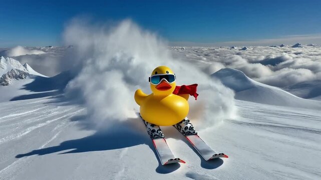 Extreme vacation sport with A yellow duck wearing ski goggles and a red scarf skis at high speed