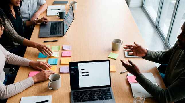 Diverse team brainstorming with sticky notes and laptops in bright collaborative office