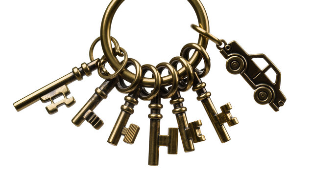 Antique brass keys and car charm on a ring, isolated on transparent background