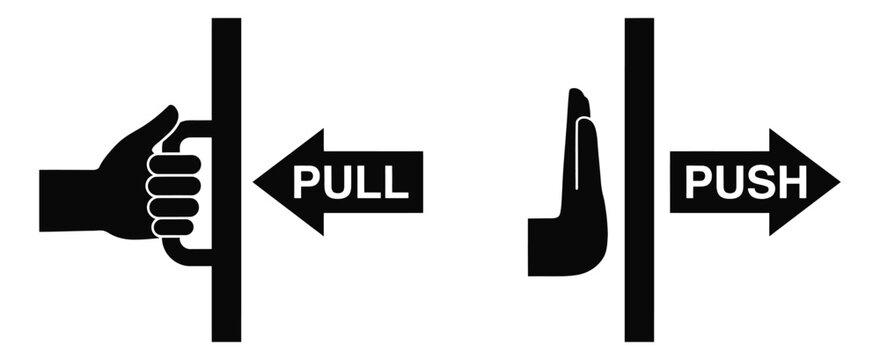 Door push pull icons, hand opening and closing door symbols in black silhouette style, vector illustration.