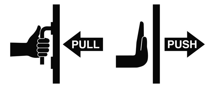 Door push pull icons, hand opening and closing door symbols in black silhouette style, vector illustration.