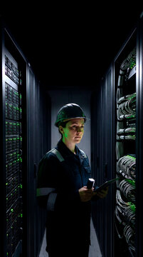 Determined female technician inspecting servers with tablet in illuminated data center